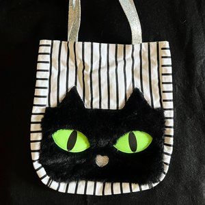 "Fuzzy Cat" Black/White Stripe Tote w/Glitter Handles 14" x 12"